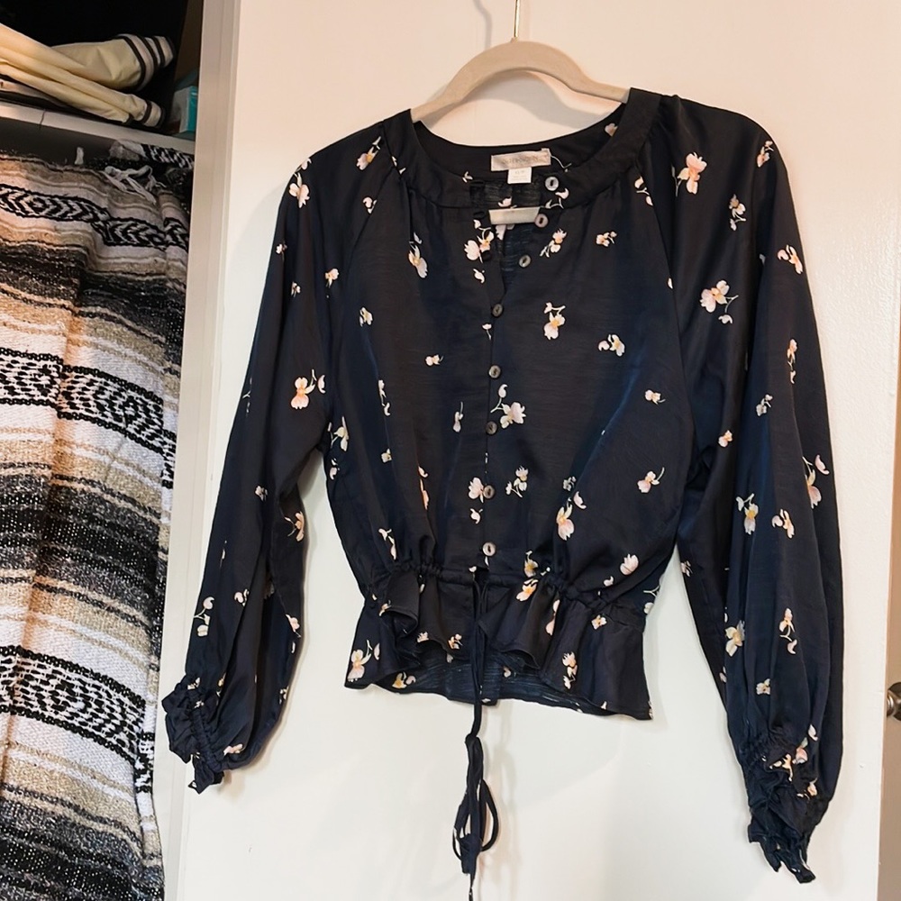 Outerknown drawstring waist button-up floral blouse